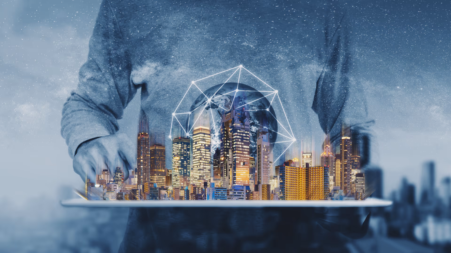 Futuristic cityscape with connected globe representing global technology and connectivity advancements.