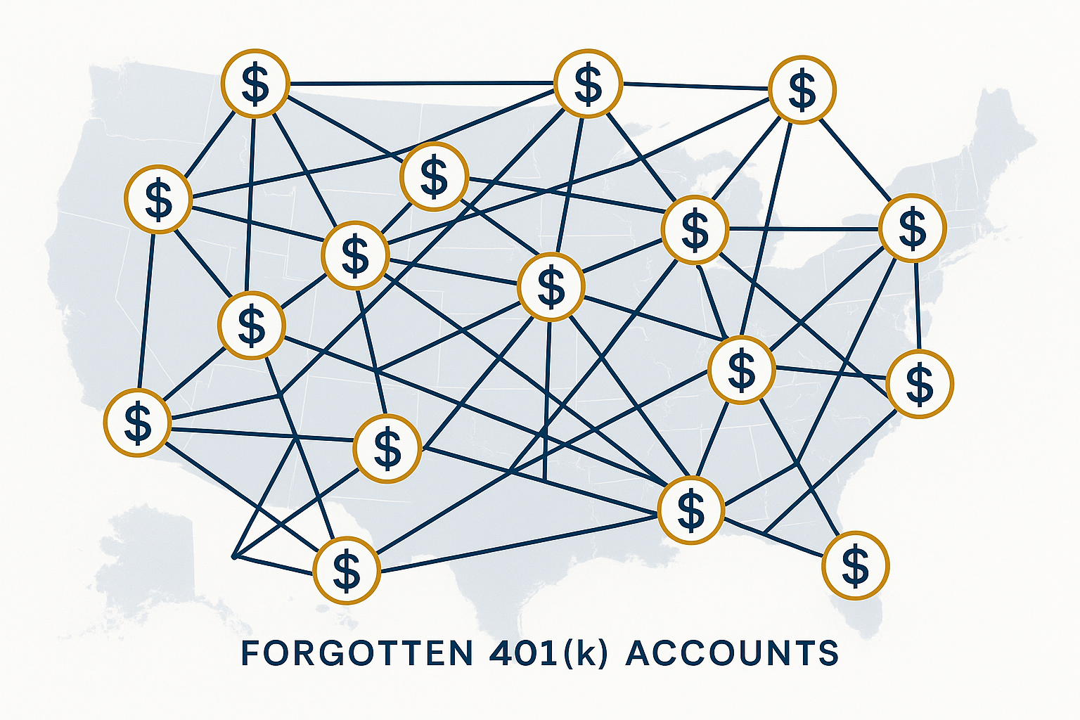 Illustration of scattered 401(k) accounts across a US map representing job-hoppers.