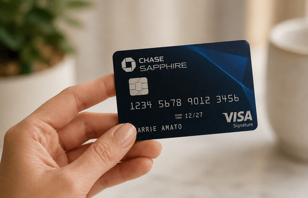 Woman's hand holding a Chase Sapphire credit card