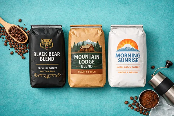 Private label coffee bags with custom branding in multiple packaging styles