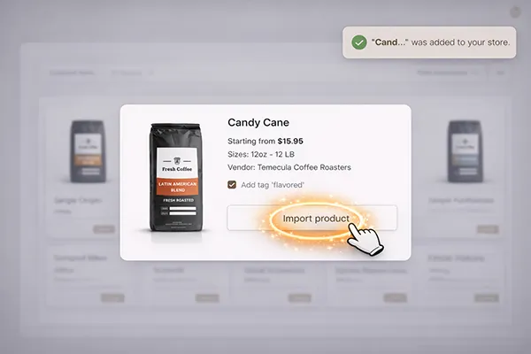 Adding a branded coffee dropshipping product to an online store with one click