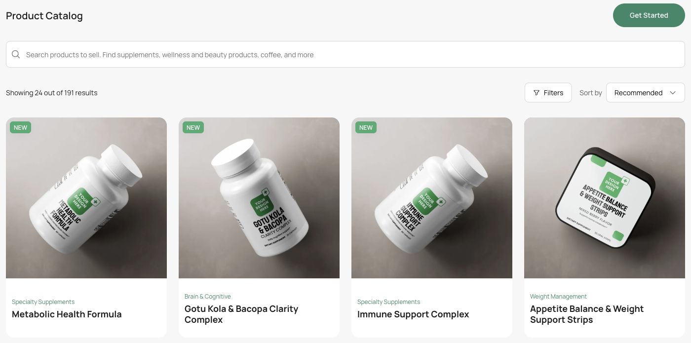 Supliful’s public product catalog with several supplement products in the first row.