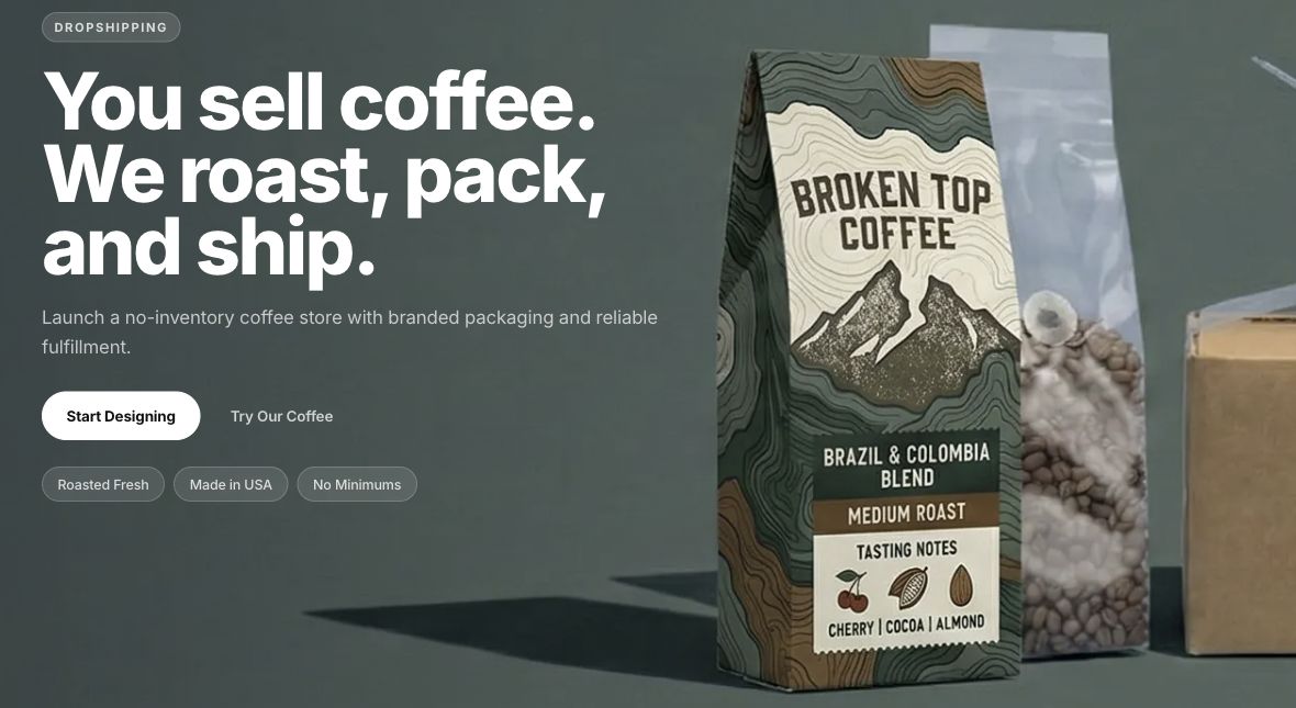 Roastify’s website showing a printed cardboard coffee box.