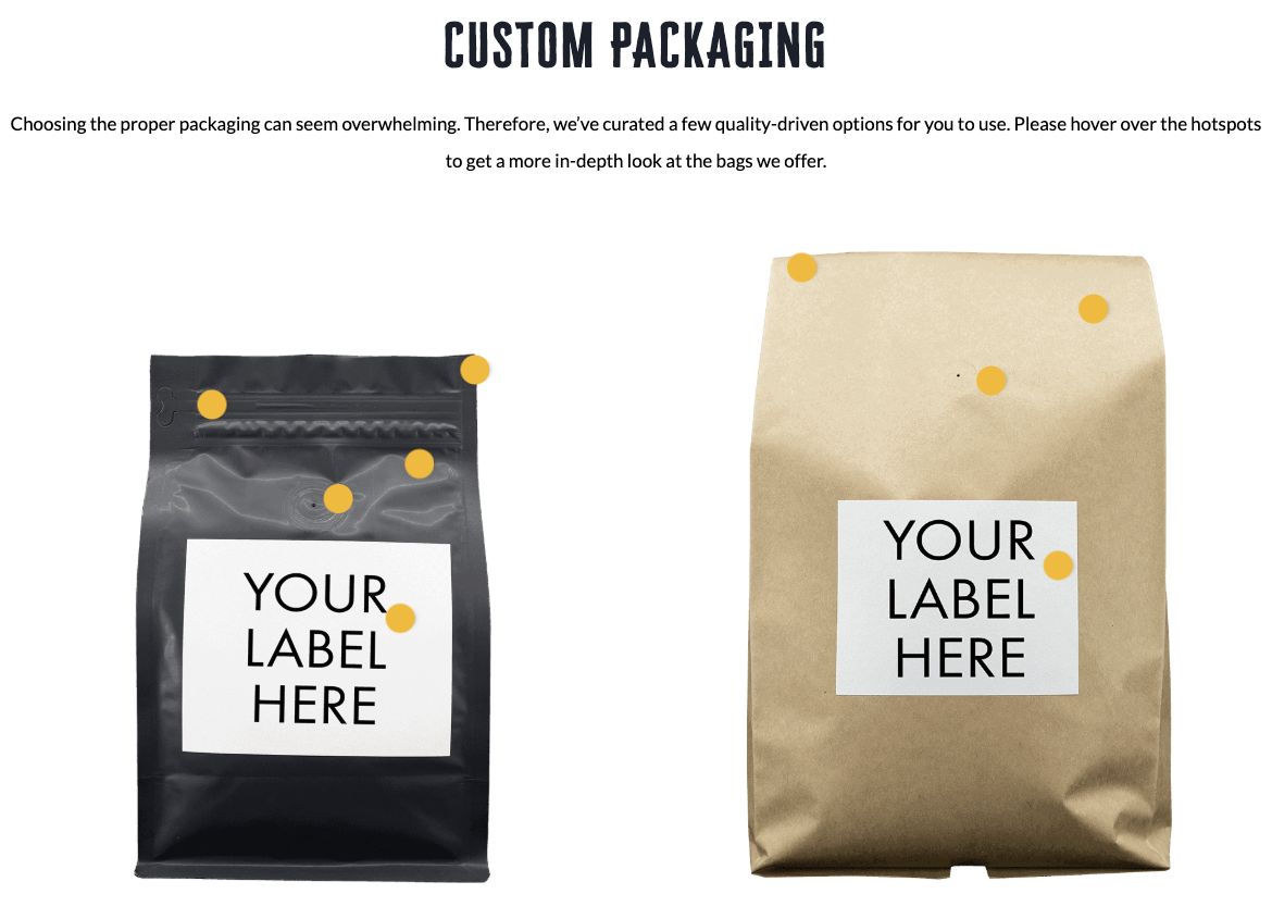 Path’s custom packaging section showing black and kraft coffee bag examples.