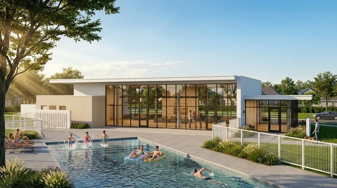 Rendering of the Park Place community pool, poolside seating, and clubhouse