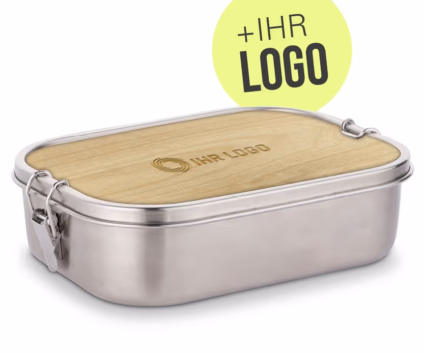Lunchbox mit Holzbrett mit Logo graviert individuell graviert - Personalisierte Vesperdose aus Edelstahl als Werbemittel oder Mitarbeitergeschenk mit Vesperbrettchen aus Holz