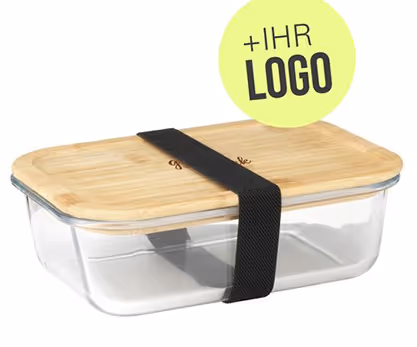 Nachhaltige Lunchbox aus Glas mit Holzdeckel graviert oder bedruckt als Mitarbeitergeschenk
