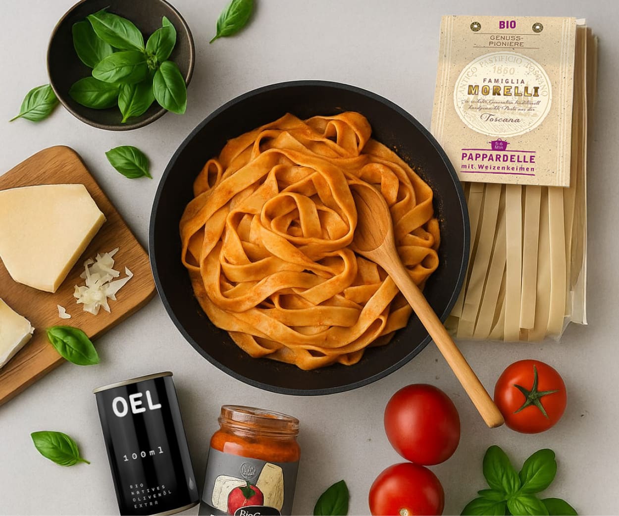 Detailansicht: gravierter Kochlöffel, Parmesan, Bio-Pesto und italienische Pasta – Premiumgeschenk mit Logo für Kunden & Mitarbeiter