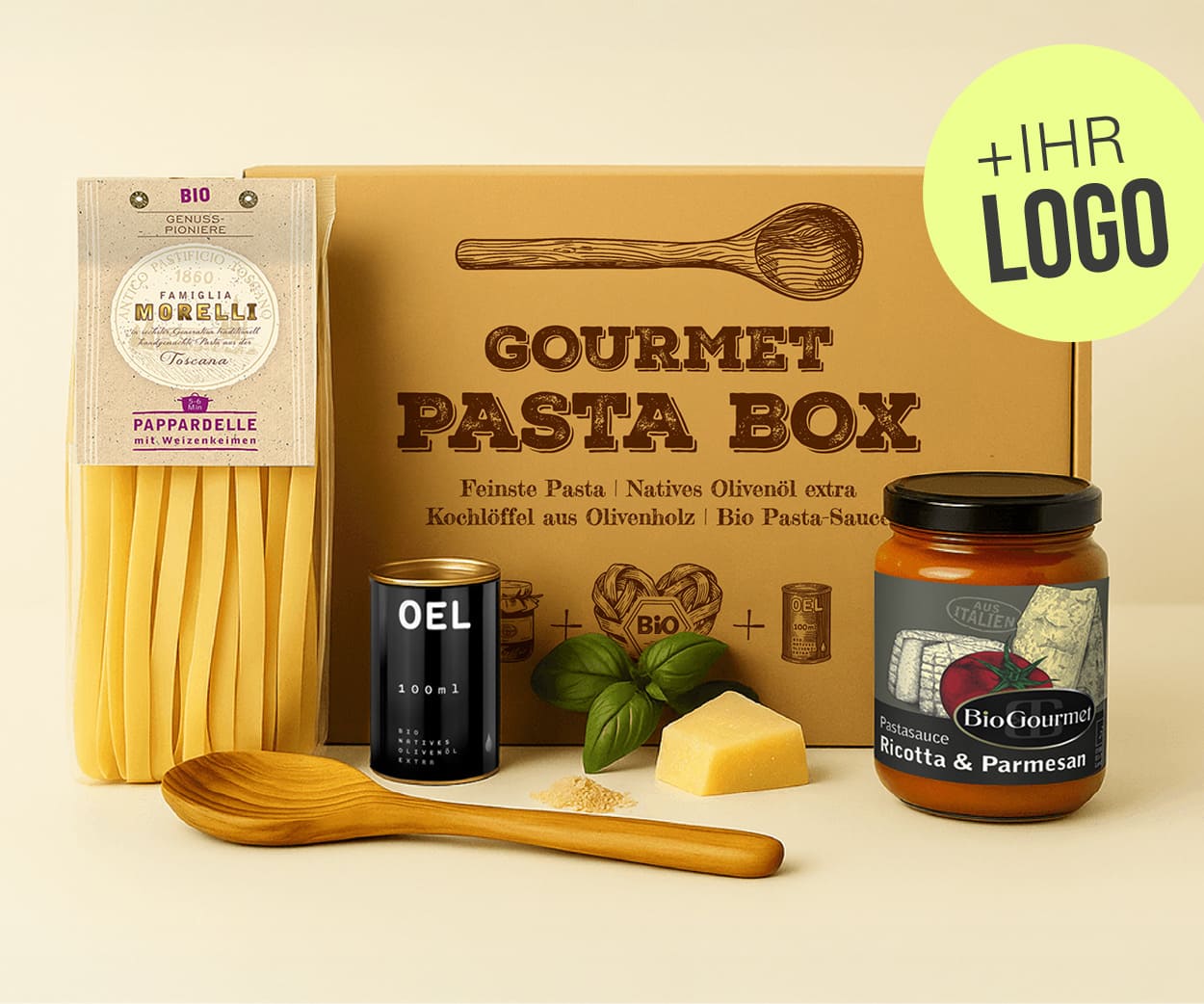 Gourmet Pasta-Box mit Logo graviertem Kochlöffel, Bio-Pappardelle, Olivenöl & Ricotta-Pesto – nachhaltiges Geschenk für Firmenkunden