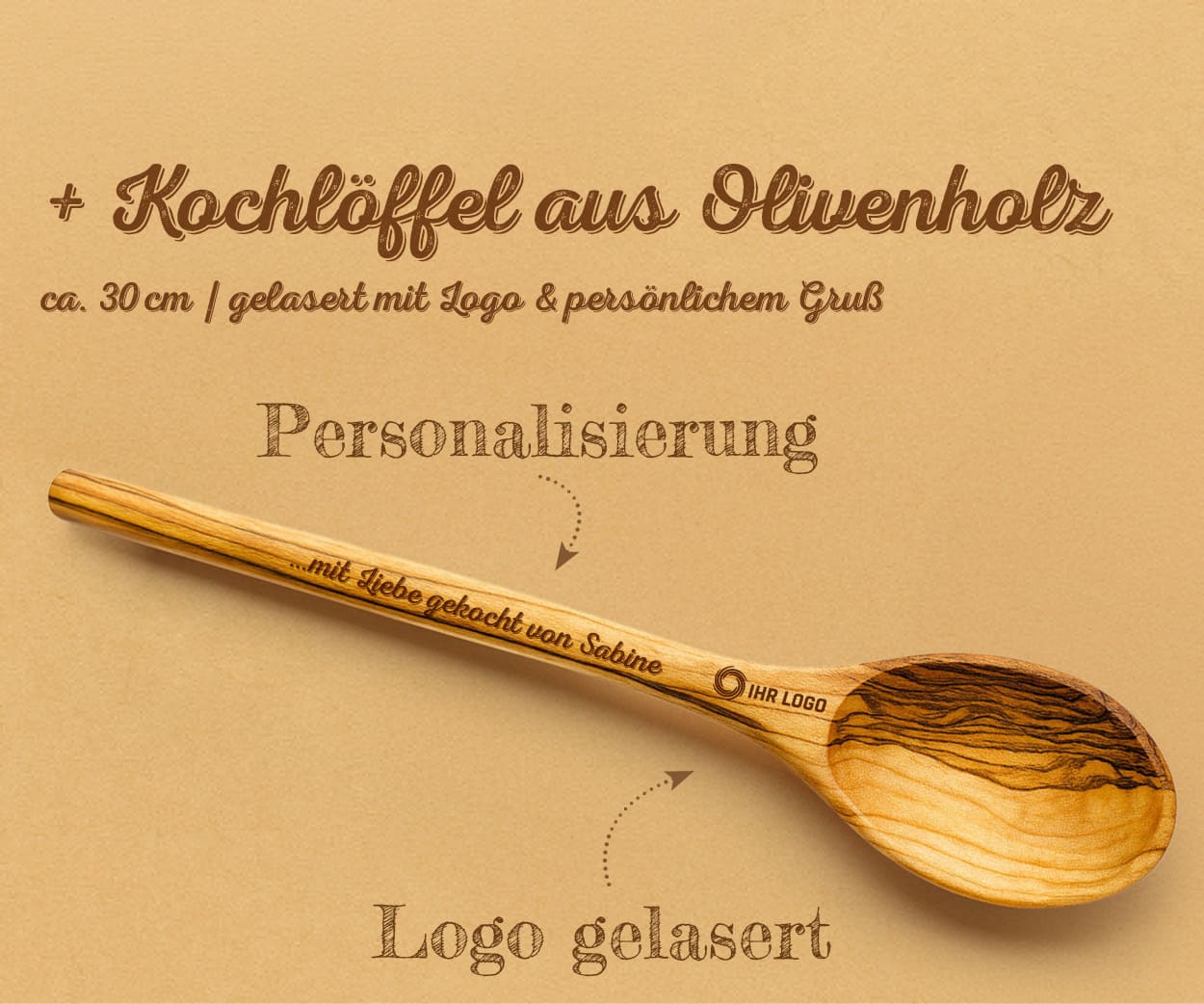 Nachhaltiges Firmengeschenk: geöffnete Pasta-Geschenkbox mit Bio-Zutaten und personalisiertem Olivenholz-Kochlöffel