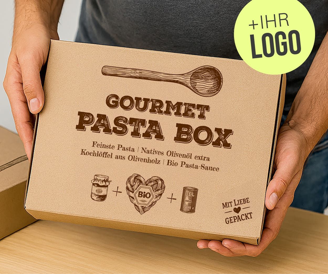 Gourmet Pasta-Box mit Firmenlogo – Geschenkbox individuell bedruckt für Unternehmen, Vereine oder Events