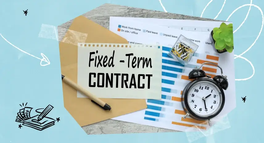image of some papers showing fixed term contract words and a clock on a desk 