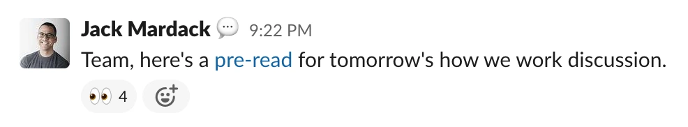 Screenshot from Oyster's Slack instance where employees have indicated they're looking into a message with the eyes emoji