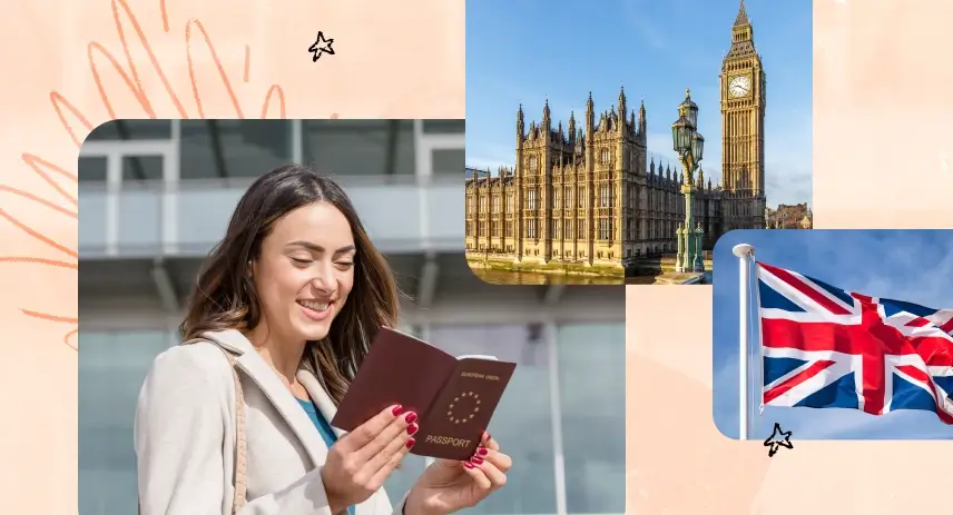 Woman holding a passport with images of Big Ben and the UK flag in the background. 