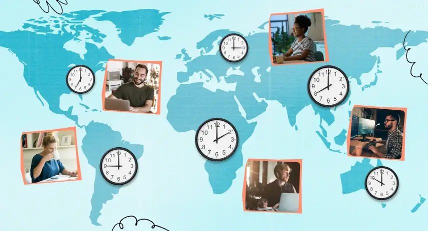 A world map showing remote workers in different time zones