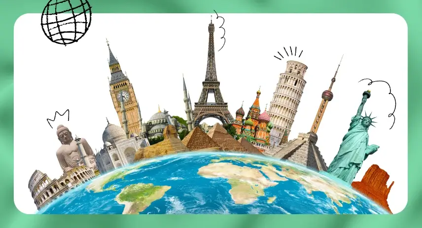 Part of a globe showing famous monuments from various countries