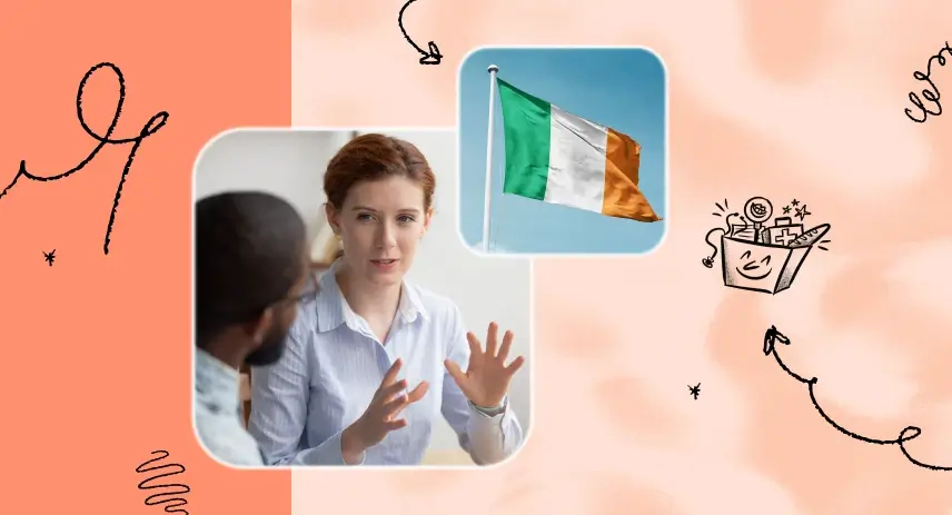 Image of a redheaded woman and the Irish flag.