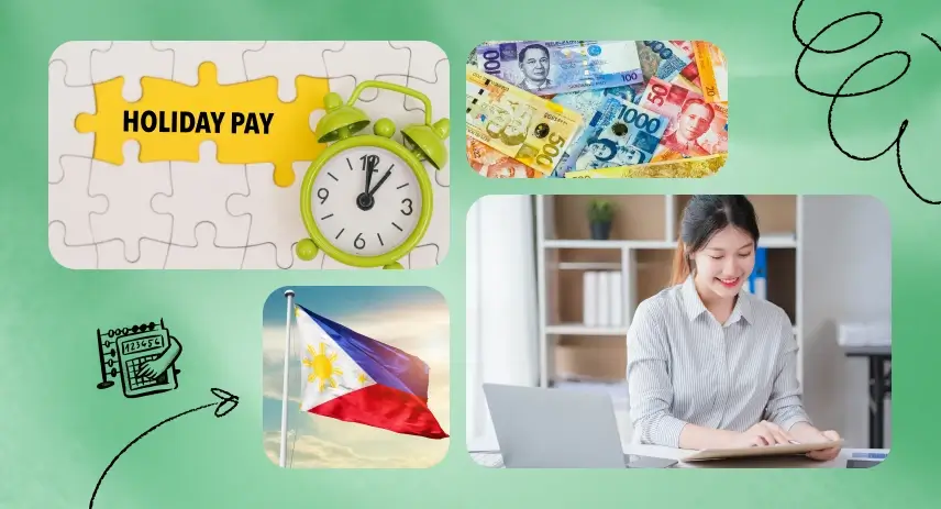 Visual collage representing holiday pay in the Philippines, including a clock, local currency, a smiling worker, and the Philippine flag.