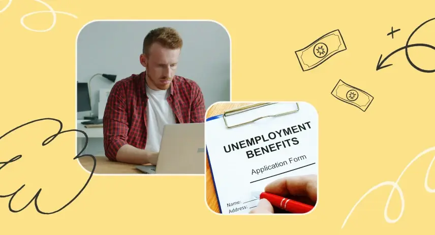 Man using laptop to complete unemployment benefits application on yellow background