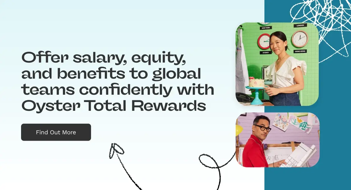 Illustration promoting OysterHR’s Total Rewards program, featuring a call-to-action to learn more about employee benefits and compensation. Click to discover how to enhance your team’s rewards.