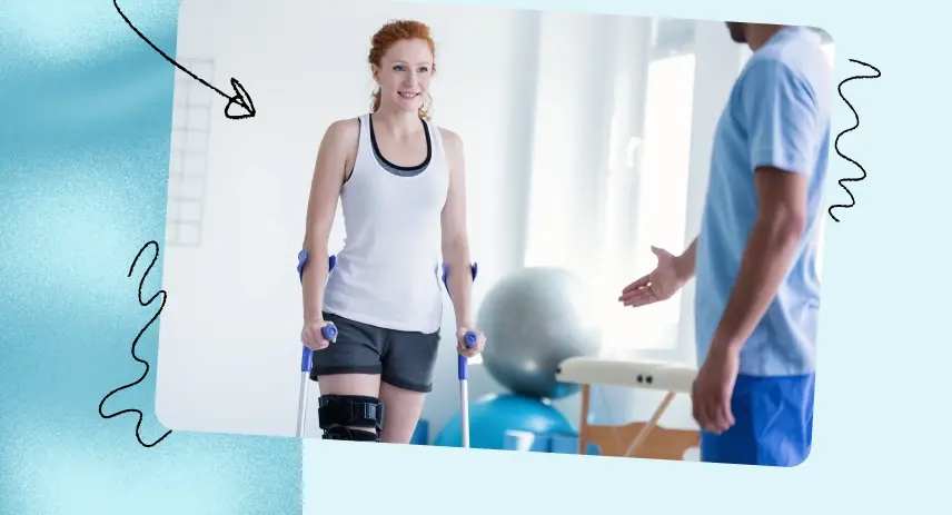 A woman in crutches aided by a nurse.