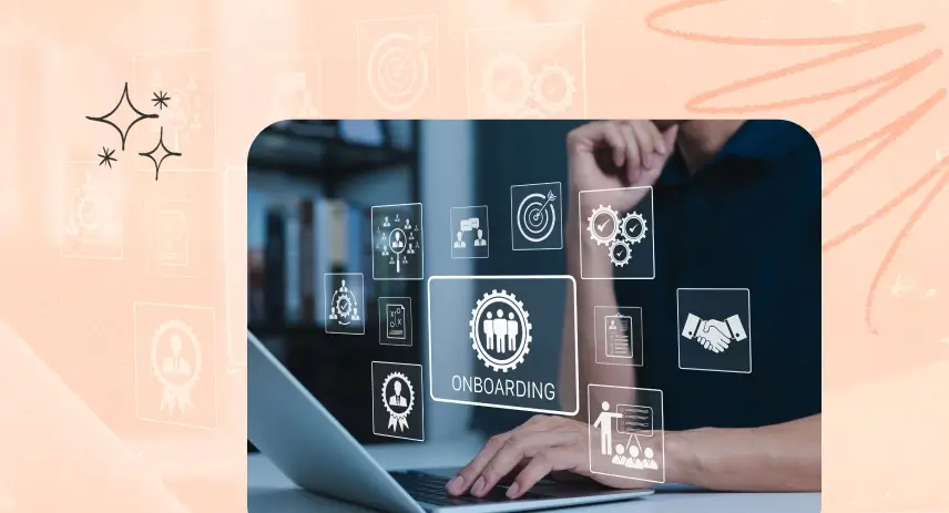 Person using a laptop with digital onboarding and HR-related icons displayed on the screen.