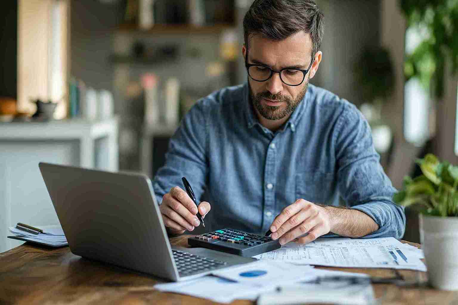 image of a man using a computer and a calculator