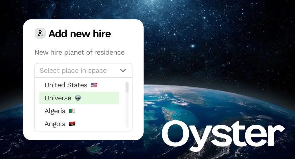 The Oyster logo against an outerspace galactic background, with information on how to hire from anywhere on it. 