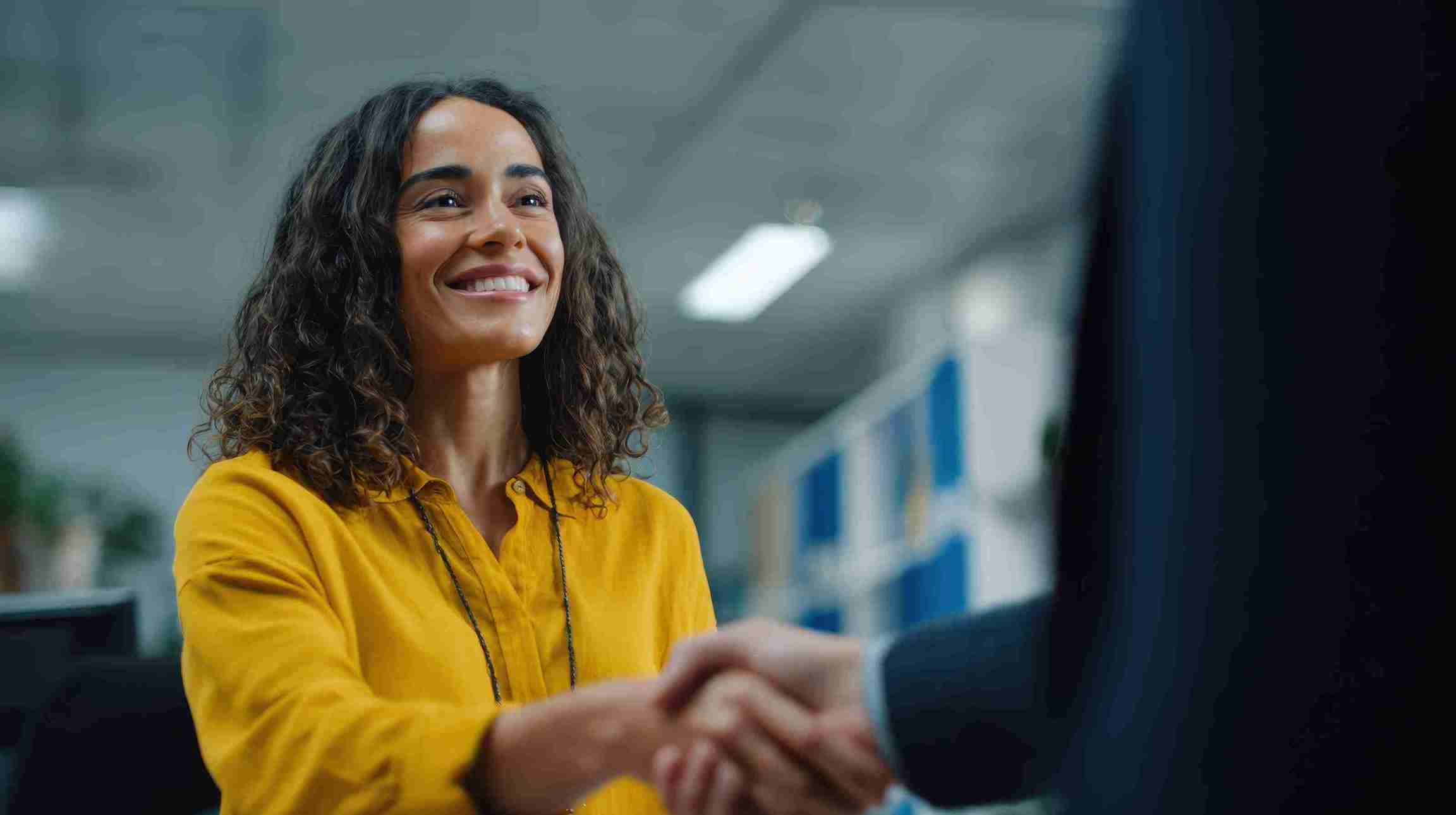 An image of two co-workers shaking hands.