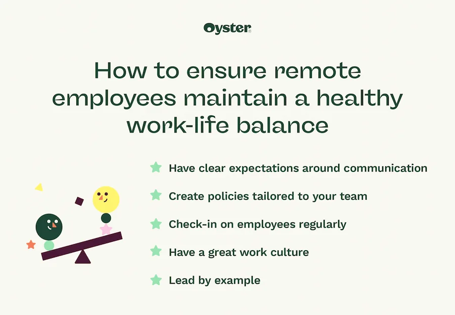 Graphic that says how to ensure remote employees maintain a healthy work-life balancey