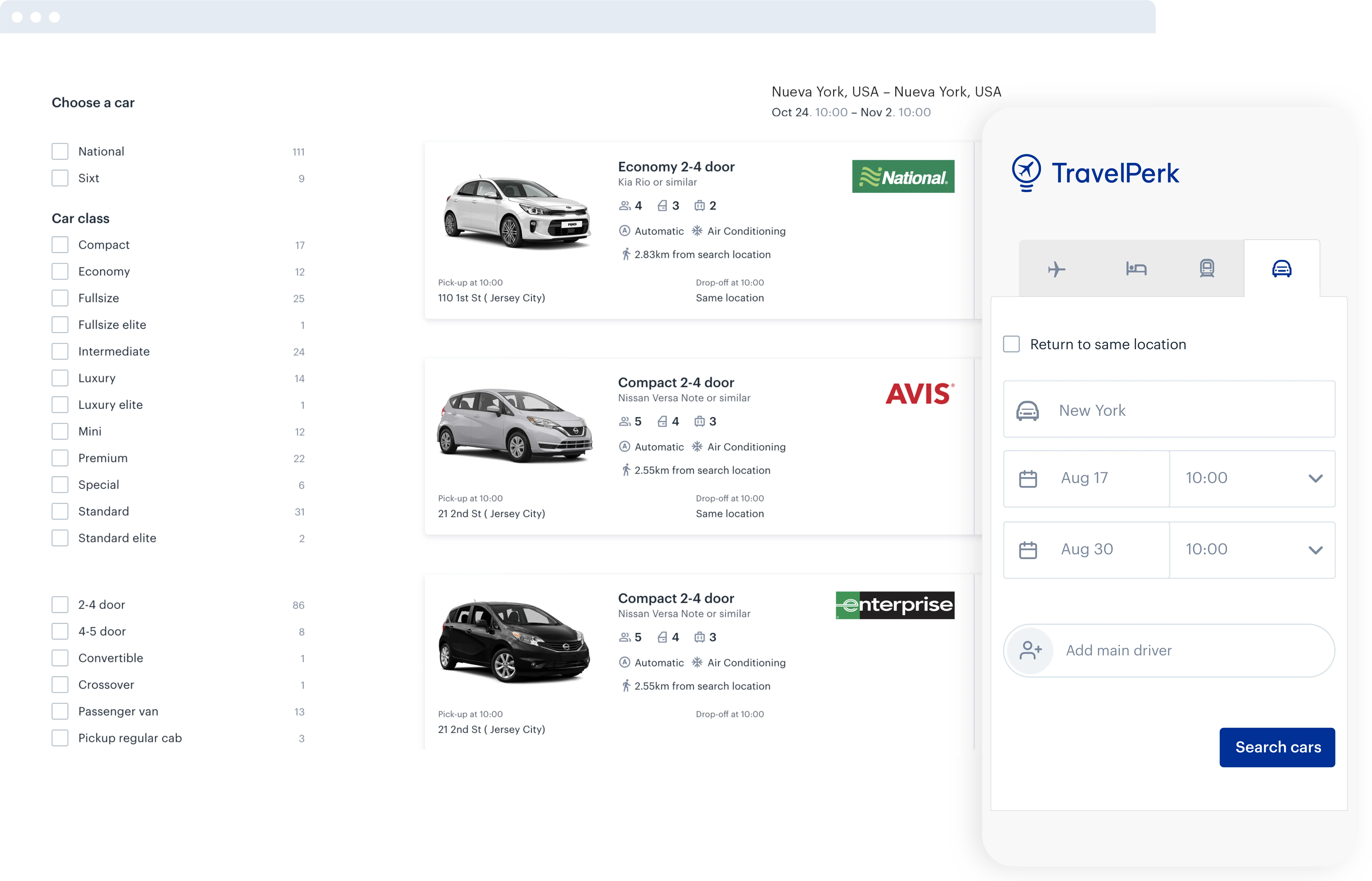 Car rental booking interface showing options for New York, USA from Oct 24 to Nov 2, with car categories and providers listed including National, Sixt, Avis, and Enterprise. Three cars are displayed: a white Kia Rio economy 2-4 door, a silver Nissan Versa compact 2-4 door from Avis, and a black Nissan Versa compact 2-4 door from Enterprise, all automatic with air conditioning. Filters on the left allow selection by company, car class, and door type. On the right, a mobile view shows TravelPerk's car booking tab where users select location, dates, and add a main driver before searching cars.