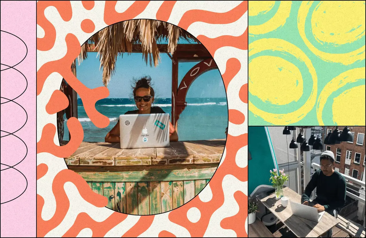 Person working from their laptop on the beach, another person working from a balcony