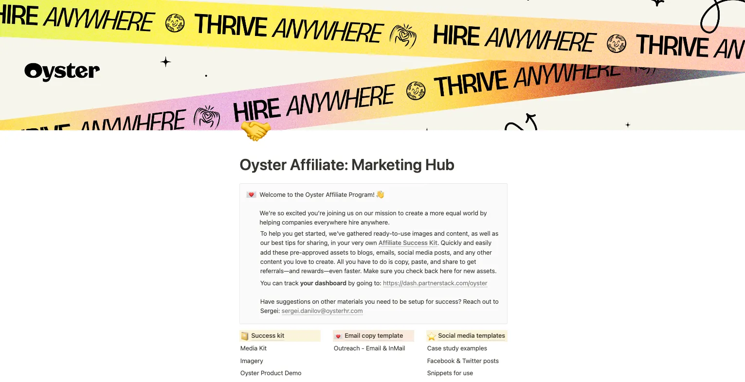 Oyster's affiliate marketing hub