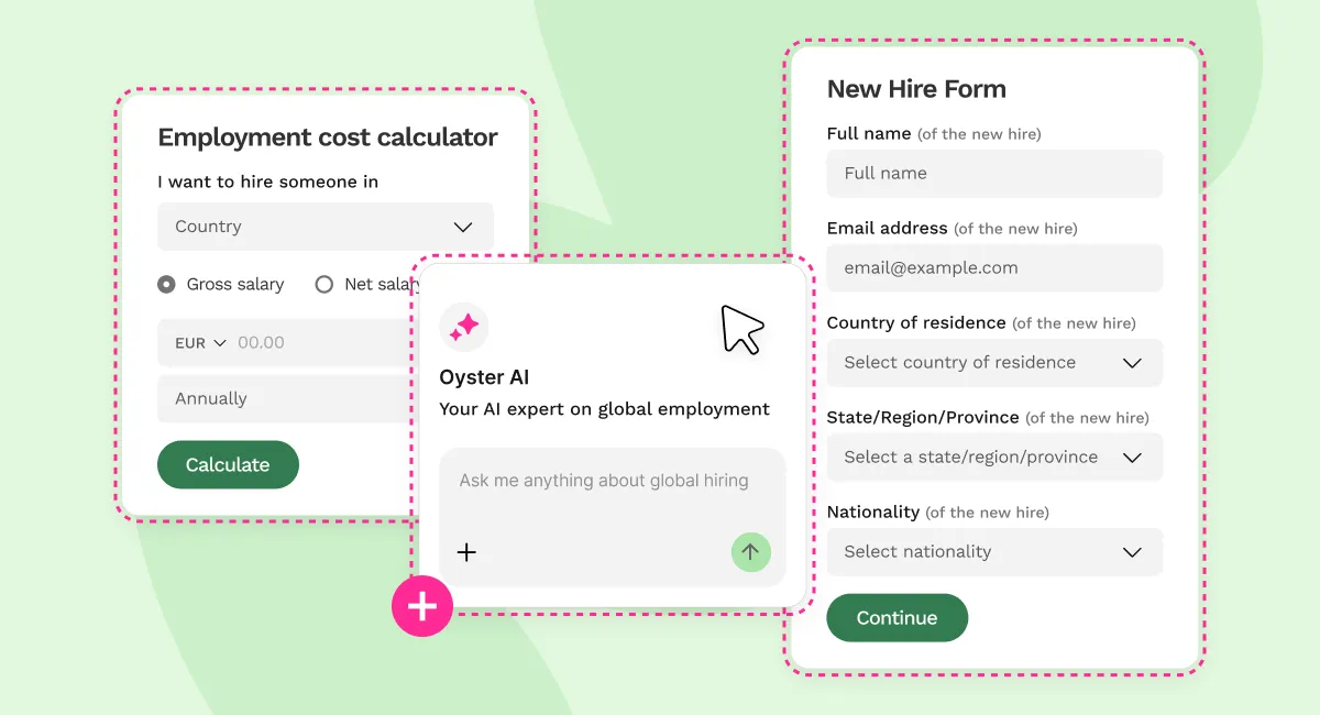 User interface with three sections: an employment cost calculator to input country, salary type, amount, and period, a chatbot labeled Oyster AI described as an AI expert on global employment prompting user to ask about global hiring, and a new hire form requesting full name, email, country of residence, state/region/province, nationality with dropdown selections, plus calculate and continue buttons.