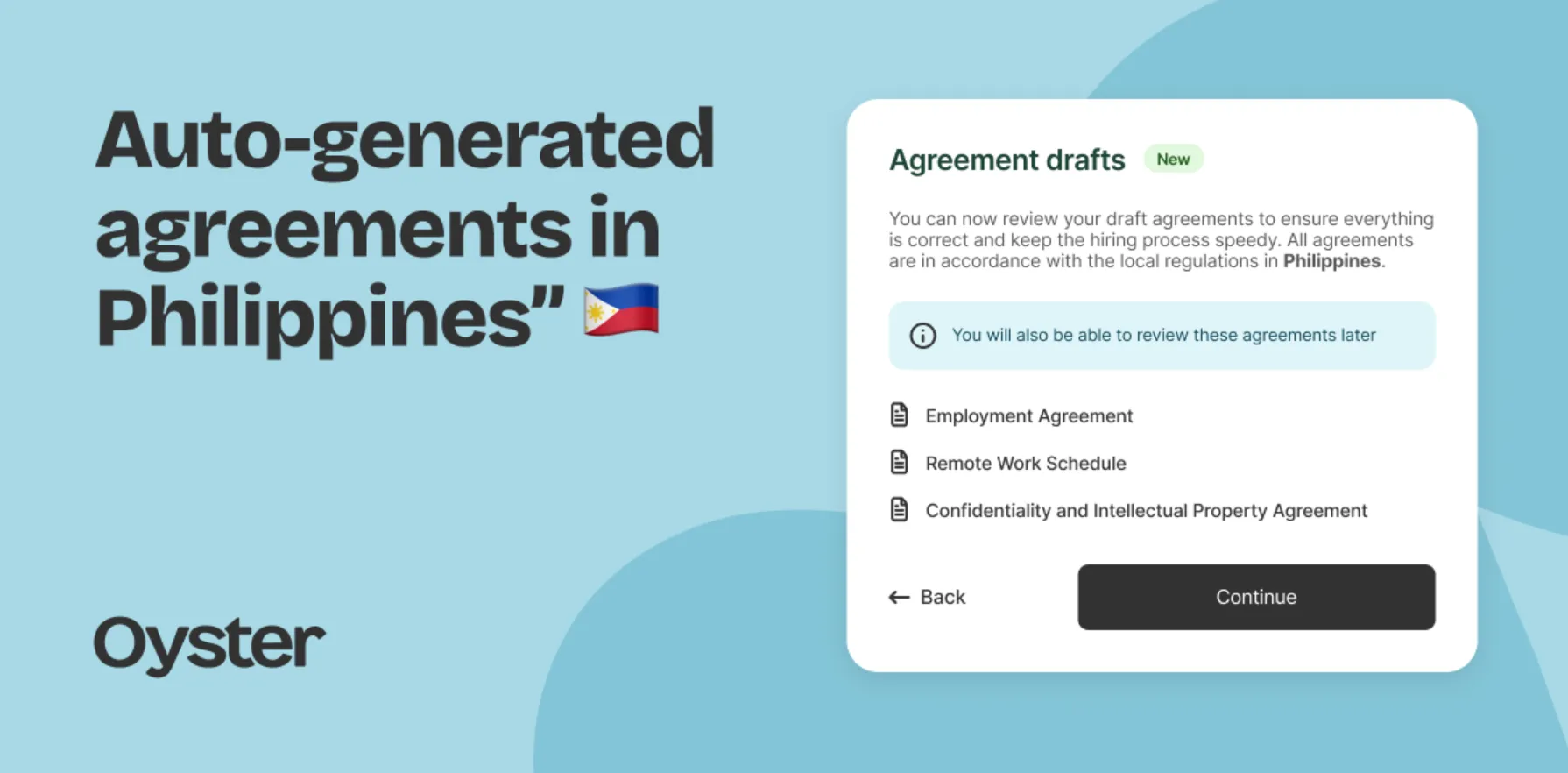 A screenshot of a user interface for reviewing auto-generated agreement drafts in the Philippines, featuring three agreement types: Employment Agreement, Remote Work Schedule, and Confidentiality and Intellectual Property Agreement, with options to go back or continue.