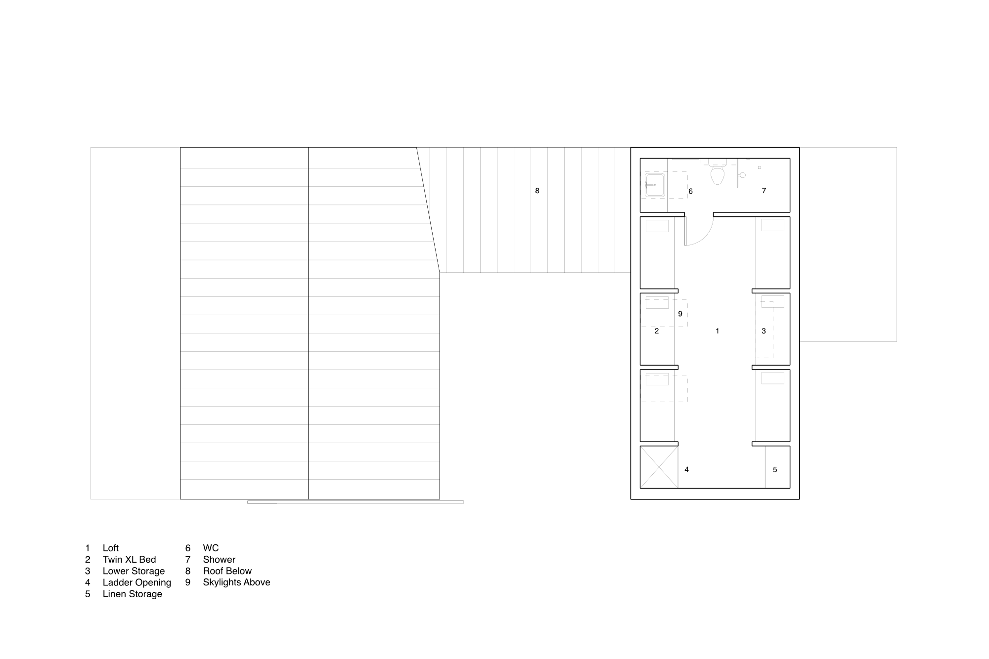 loft floor plan showing sleeping areas and roof relationship