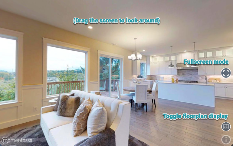 Screenshot of 360-degree interior with instructional overlays describing controls. 