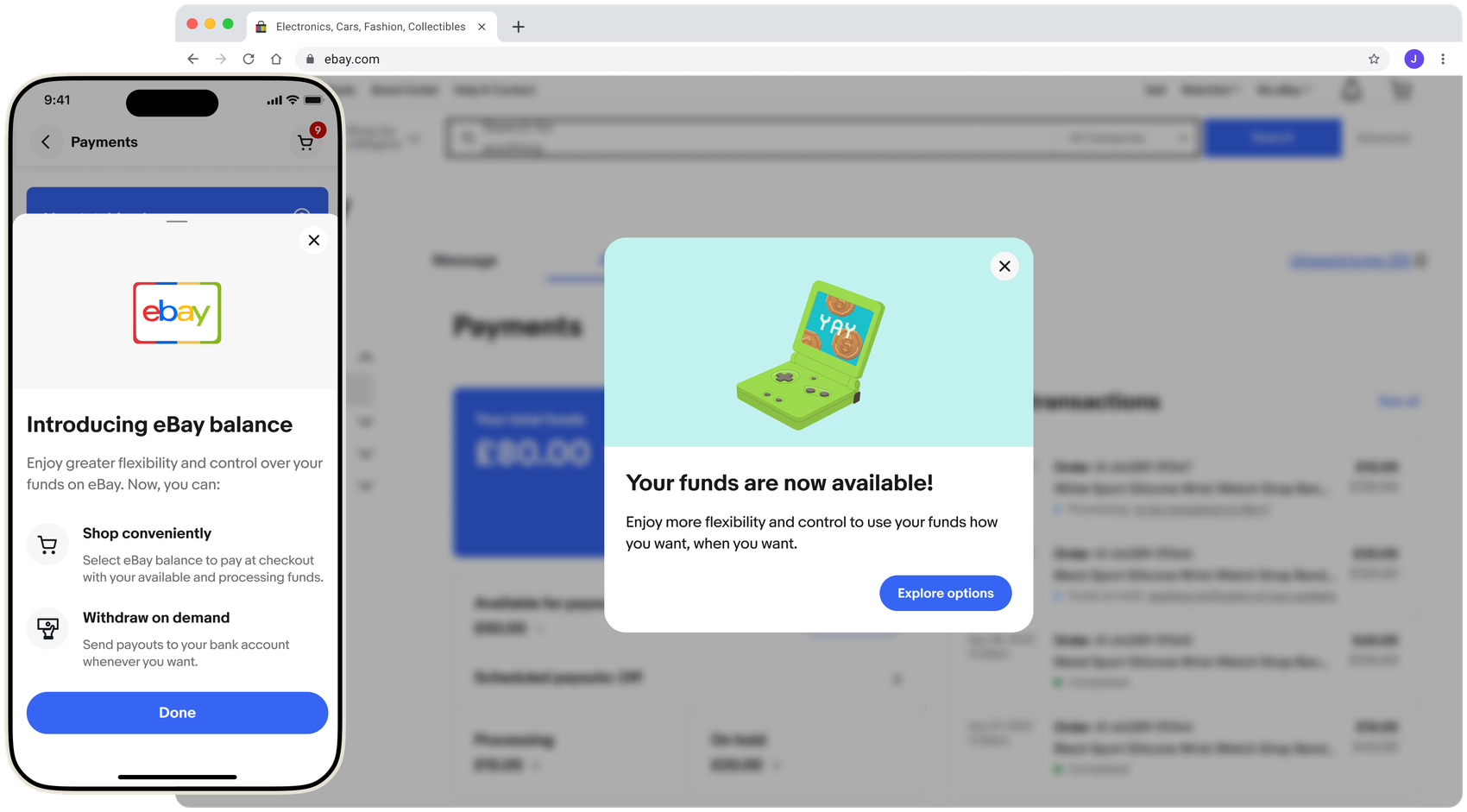 eBay Balance on web and mobile