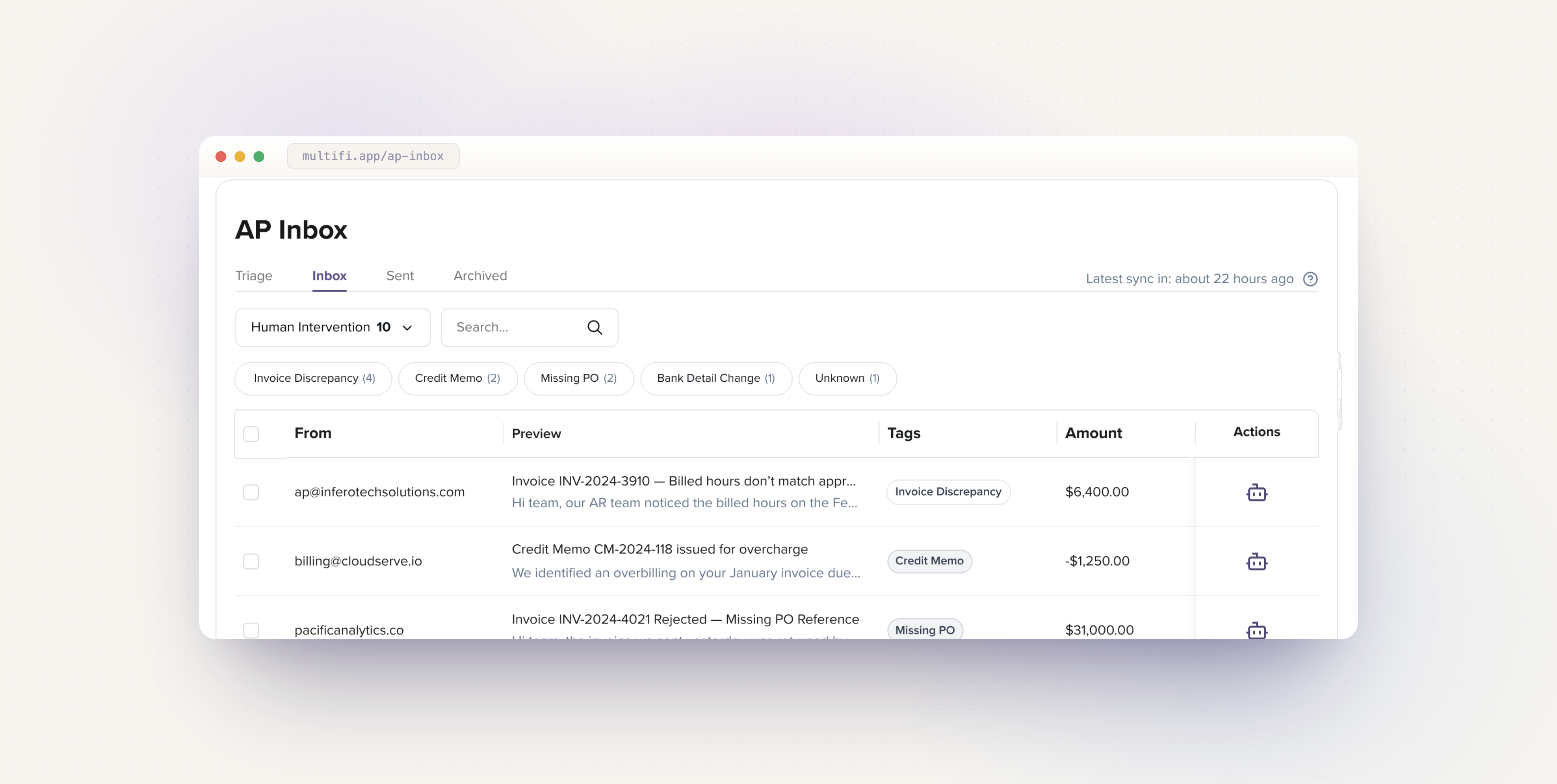 MultiFi AR inbox sorted into triage lanes with tag chips and counts