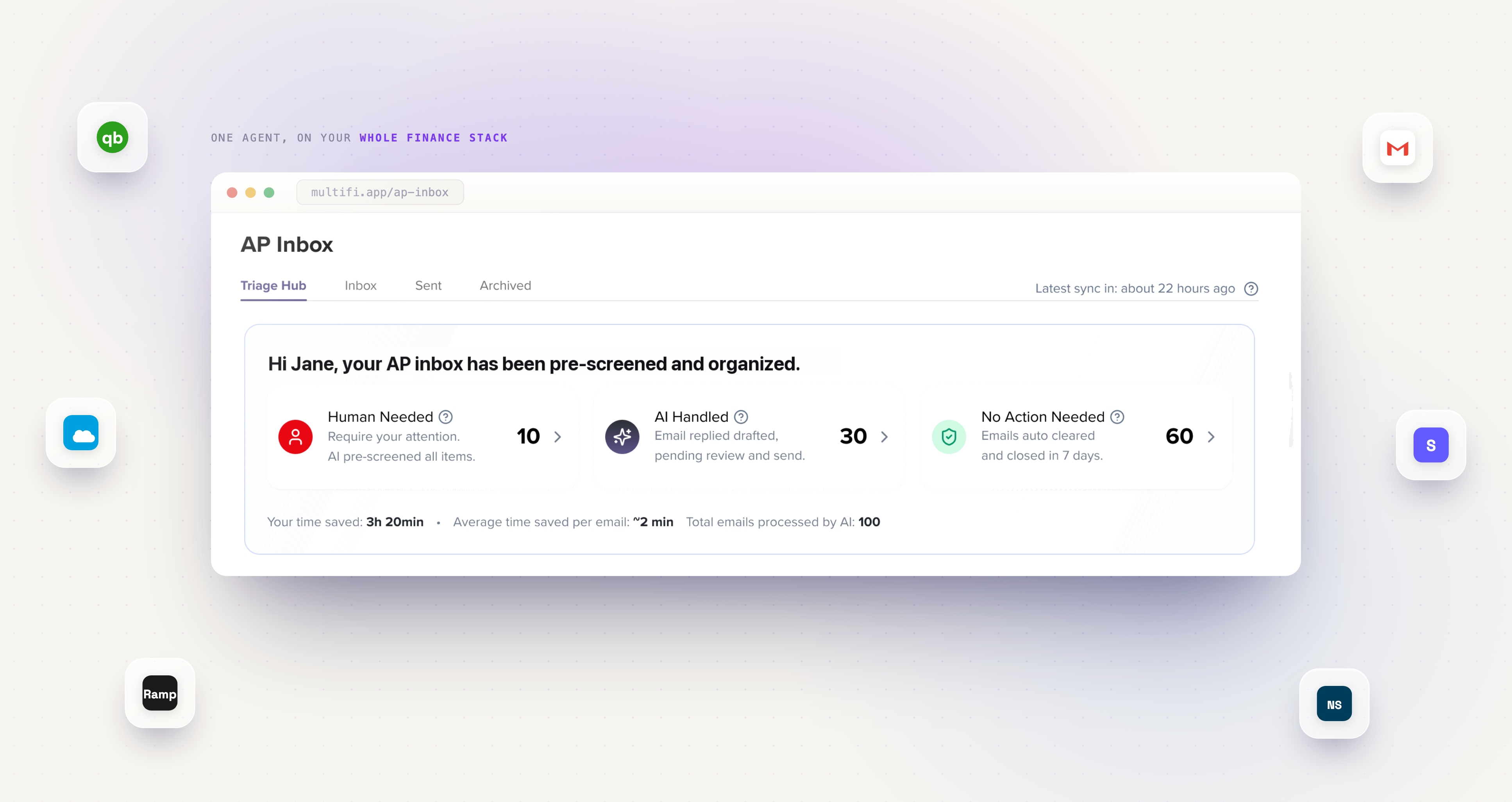 One flagged invoice in MultiFi: the agent marks it Missing PO, explains what it checked and why it needs a human, and opens the source document to verify