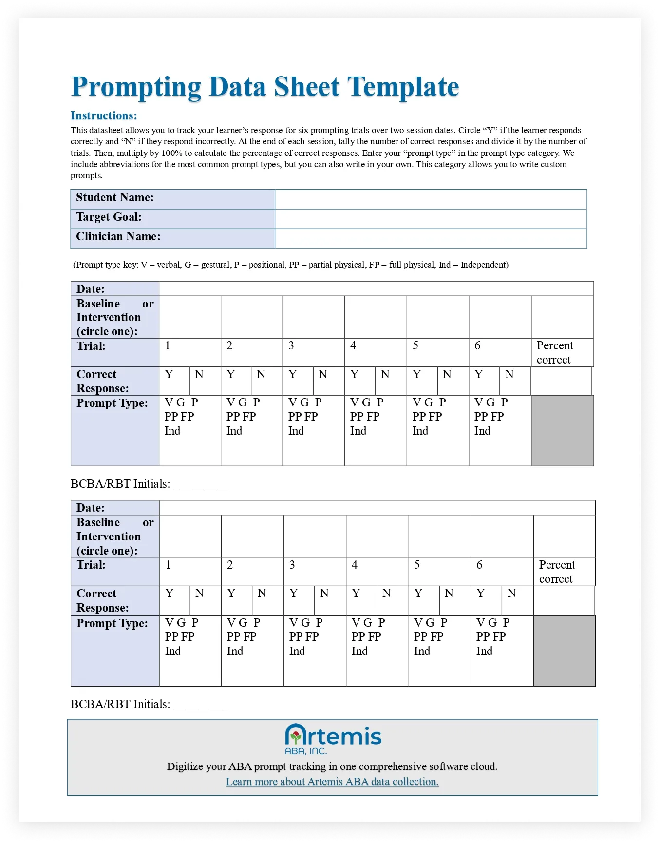 Free prompting DTT Data Sheet Template