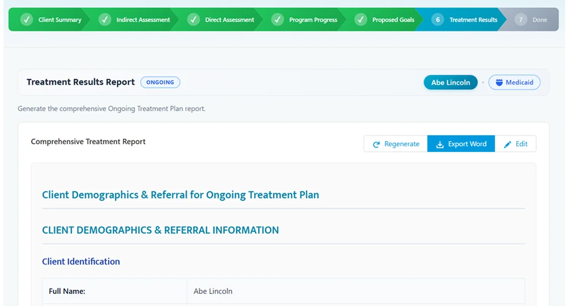 Treatment Results Report