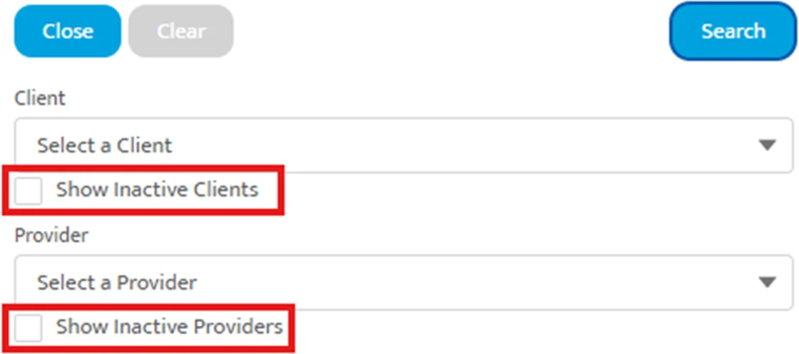 Filter Inactive clients and providers