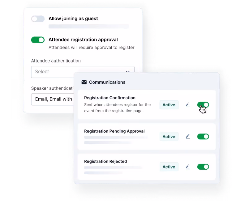 Registration approval settings with confirmation, pending and rejection emails active