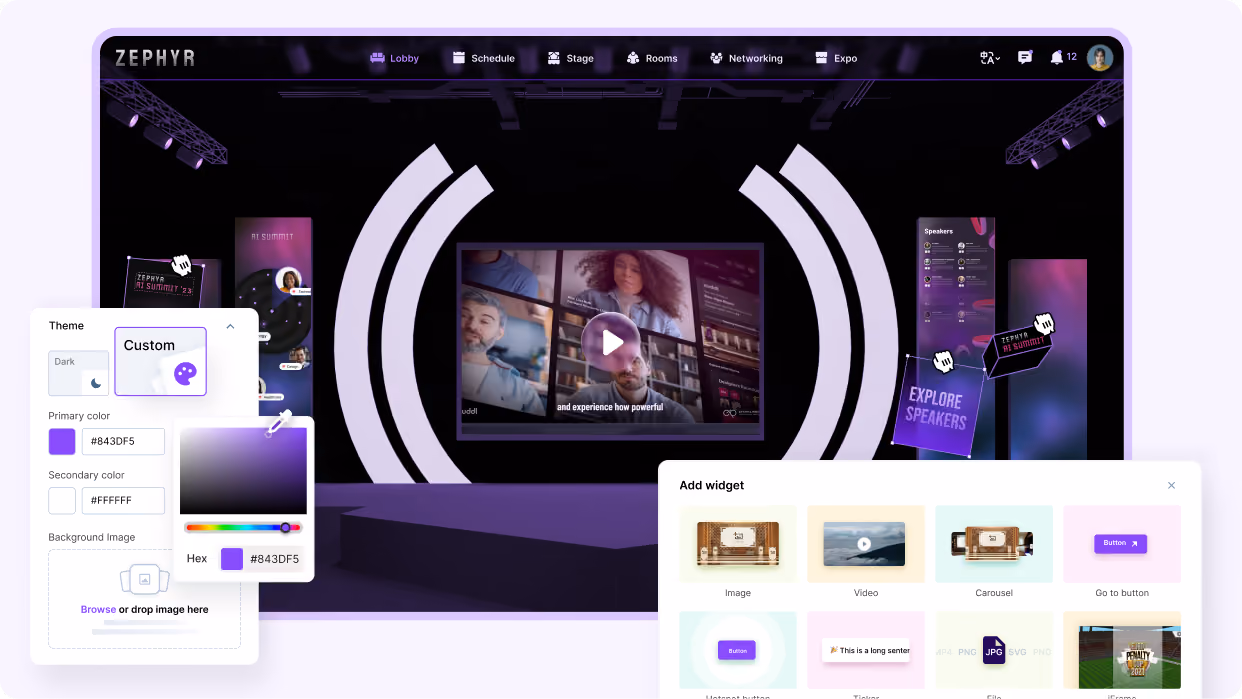Branded virtual event stage with a theme colour picker and widget library