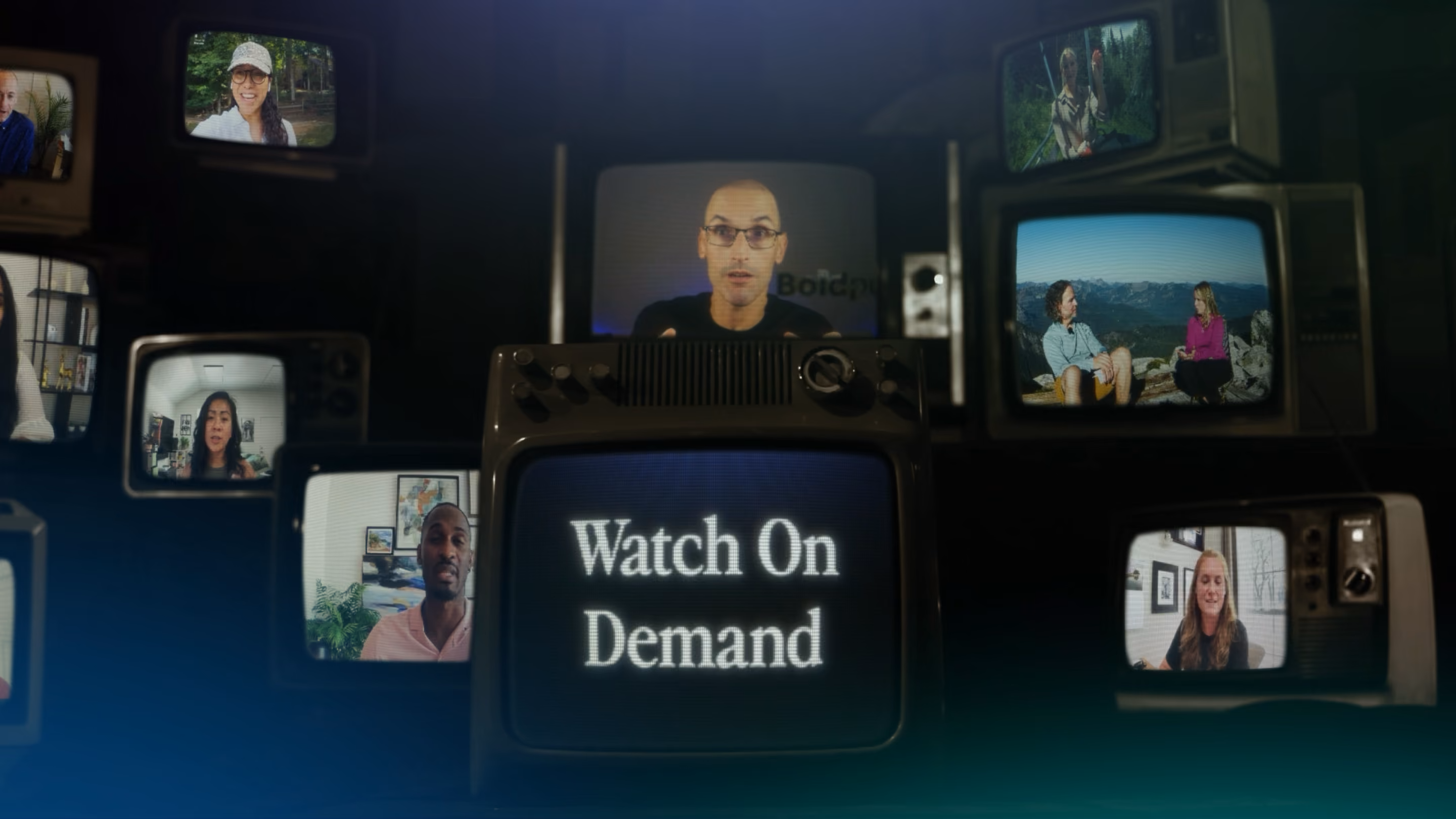 Retro television wall of speaker videos with the words Watch On Demand