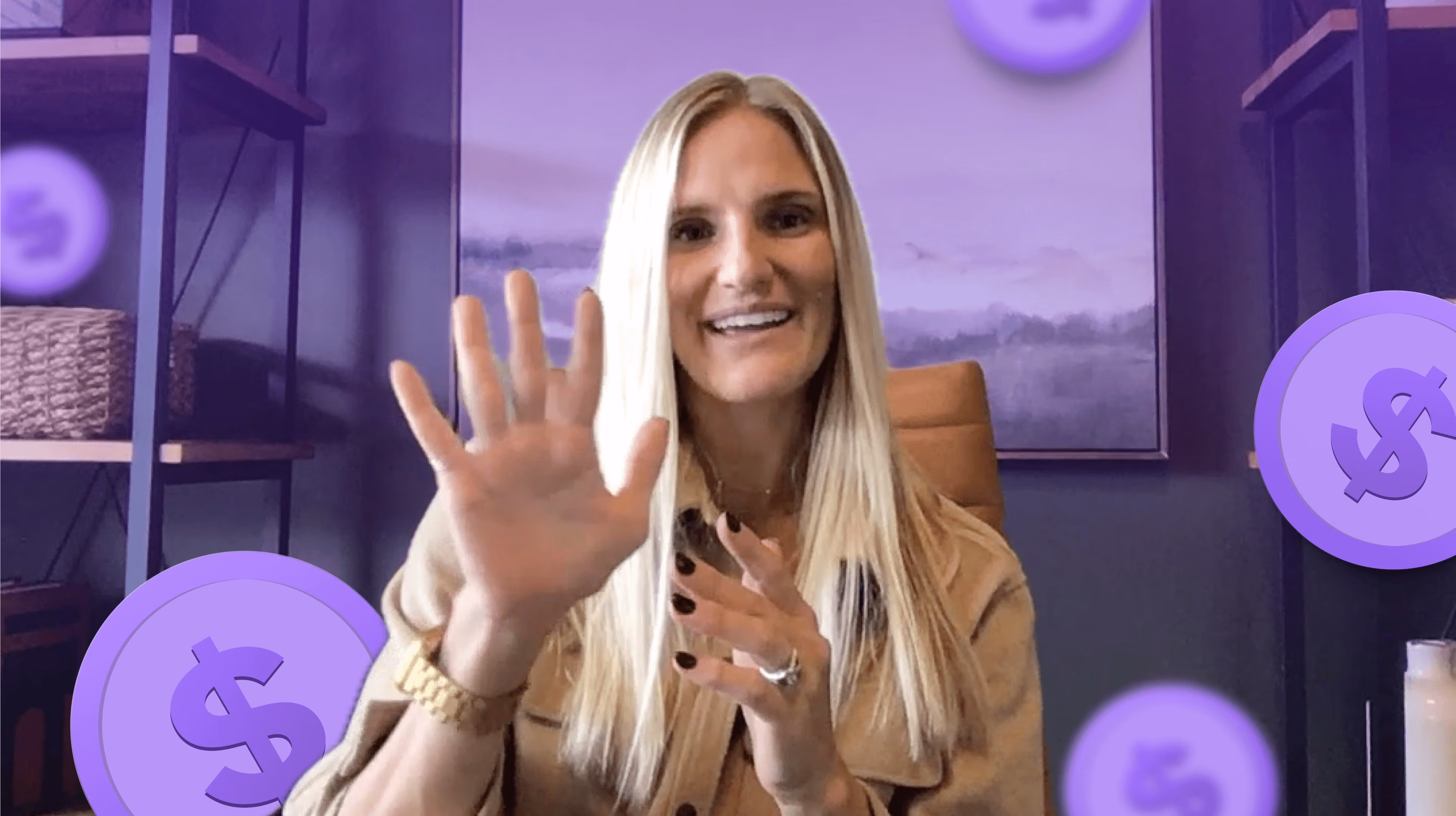 Presenter on a video call surrounded by dollar sign graphics