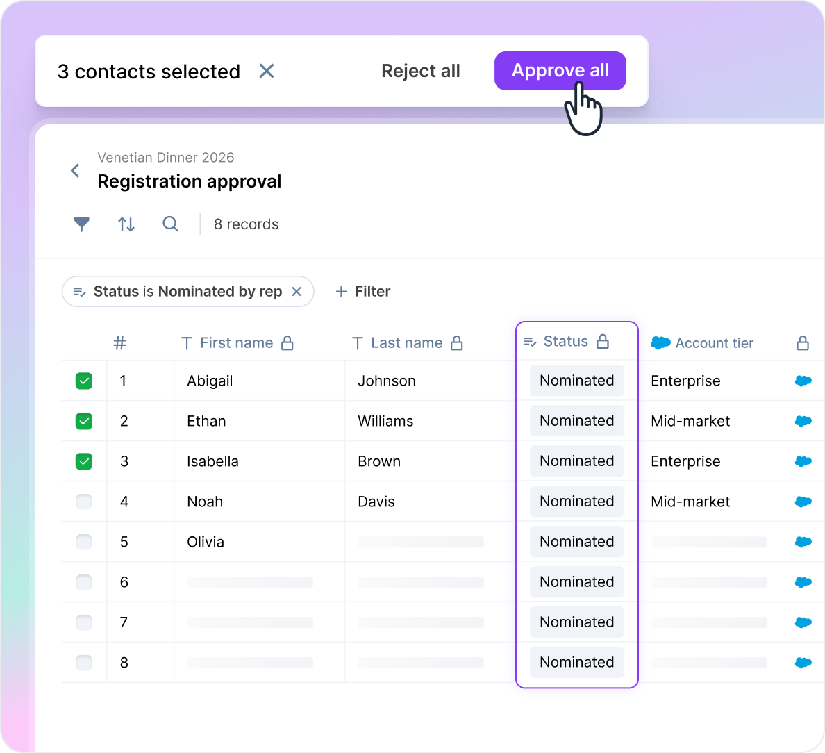 Interface showing registration approval for Venetian Dinner 2026 with three contacts selected and approve all button.