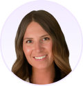 Sarah Kunzer against a light purple circular background.
