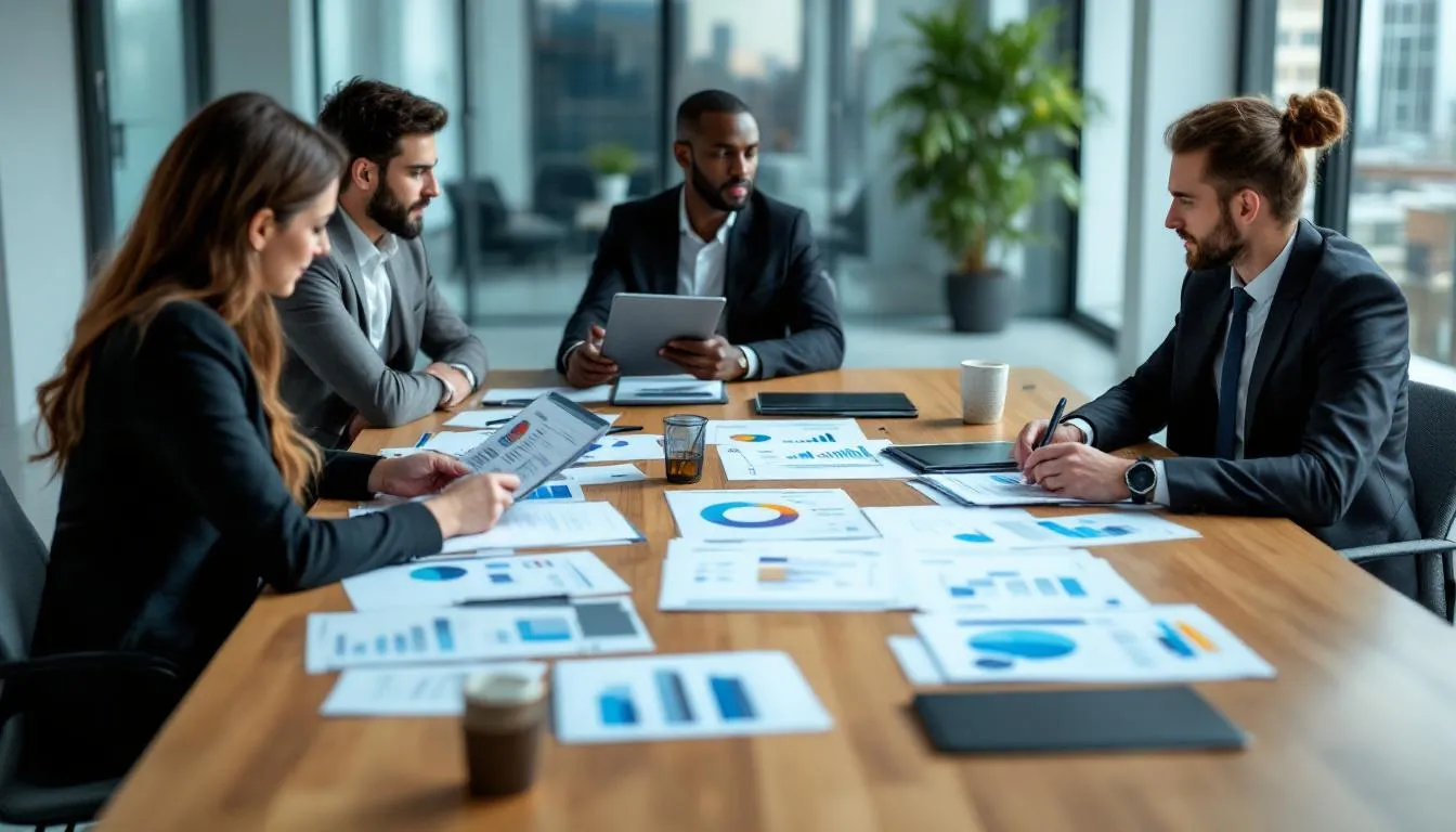 In einem Konferenzraum sitzen mehrere Geschäftsmenschen um einen Tisch, auf dem Nachhaltigkeitsberichte und Grafiken ausgebreitet sind. Die Diskussion dreht sich um die klimarisikoanalyse und die Herausforderungen des Klimawandels, die Unternehmen, insbesondere KMU, betreffen.